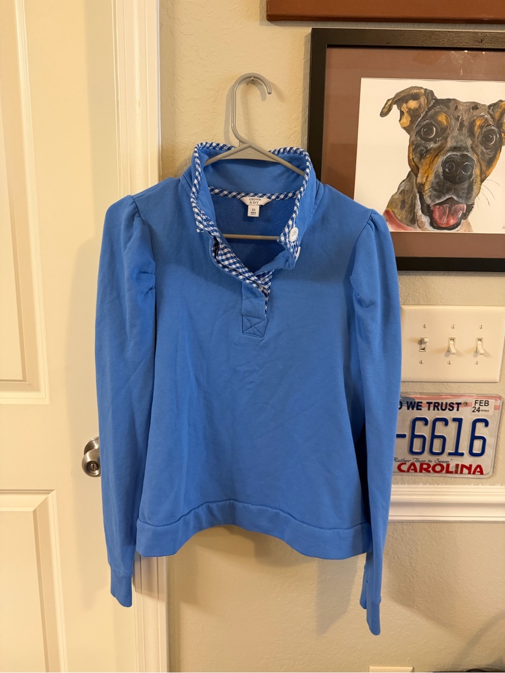 crown & ivy Light Blue Pullover Sweater with Gingham Trim